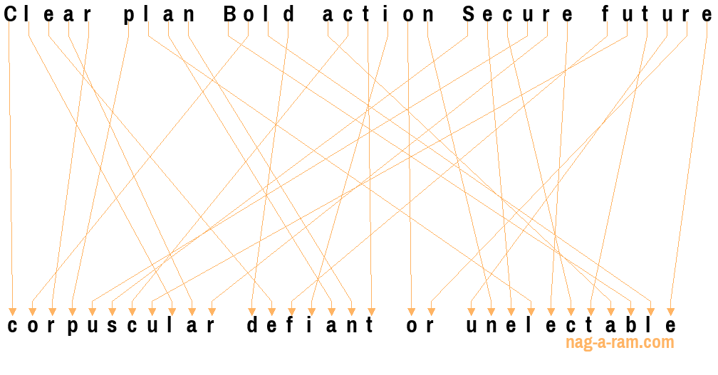 An anagram of 'Clear plan Bold action Secure future' is 'corpuscular defiant or unelectable'