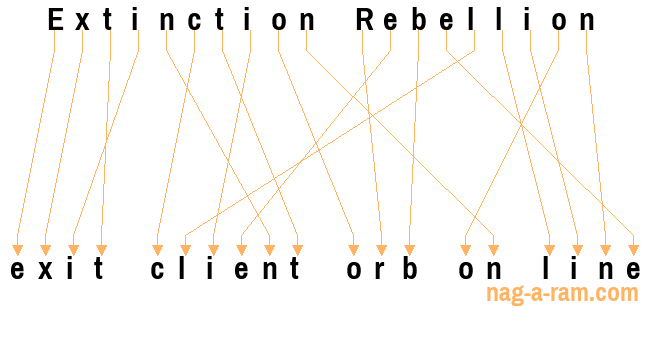 An anagram of 'Extinction Rebellion ' is ' exit client orb on line'