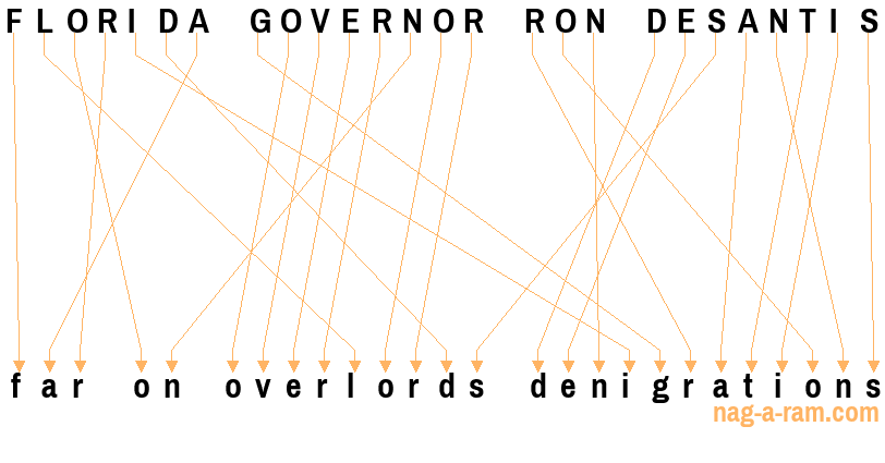 An anagram of 'FLORIDA GOVERNOR RON DESANTIS' is ' far on overlords denigrations'