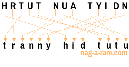 An anagram of 'HRTUT NUA TYIDN' is 'tranny hid tutu'