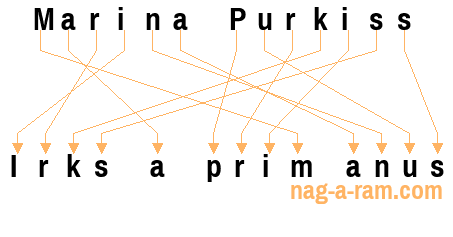 An anagram of 'Marina Purkiss' is ' Irks a prim anus'