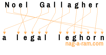 An anagram of 'Noel Gallagher ' is 'a legal leghorn'