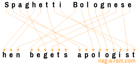An anagram of 'Spaghetti Bolognese ' is 'hen begets apologist'