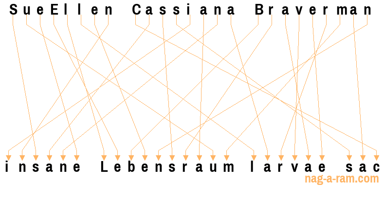 An anagram of 'SueEllen Cassiana Braverman' is ' insane Lebensraum larvae sac'